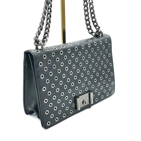 Prada Black Leather Grommet Flap Shoulder Bag*EXCELLENT w/COA Dustbag - Picture 5 of 16